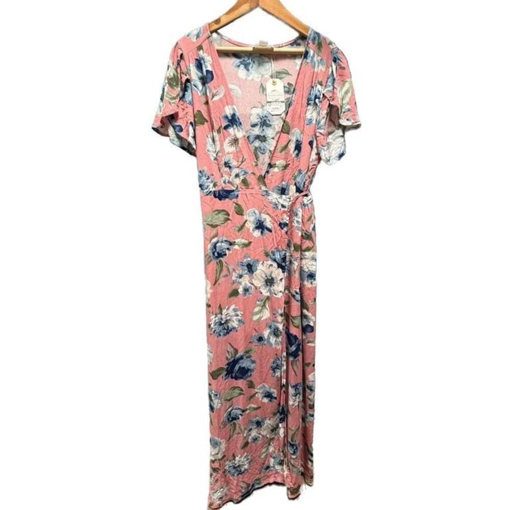 NWT Loveriche Floral Blush Wrap Maxi Dress Sz L Flowy Long Easter Spring Summer